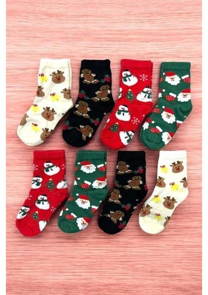 8 Çift Burun Dikişsiz Yumuşacık Çocuk Yılbaşı Temalı Çorap