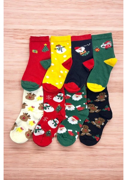 8 Çift Burun Dikişsiz Yumuşacık Çocuk Karışık Yılbaşı Çorabı