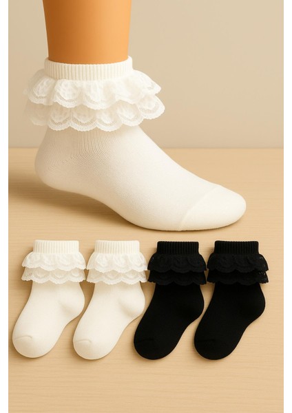 4 Çift Yumuşak Dantelli Dikişsiz Kız Çocuk Çorabı