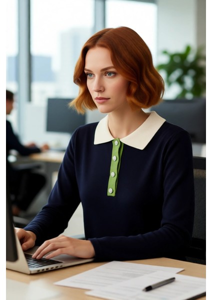 Kadın Triko Kazak Lacivert Renk Bloklu Polo Yaka Taş Düğmeli Soğuk Havalar Için Ideal Seçim fırsatları