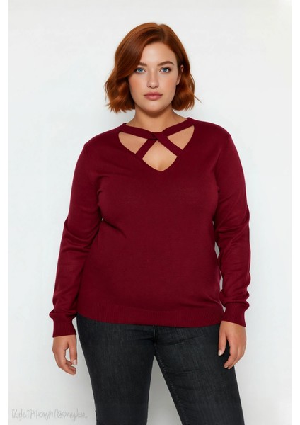 Kadın Triko Kazak V Yaka Kesik Detaylı Standart Kol Regular Kalıp Basic Günlük Giyim Için Ideal