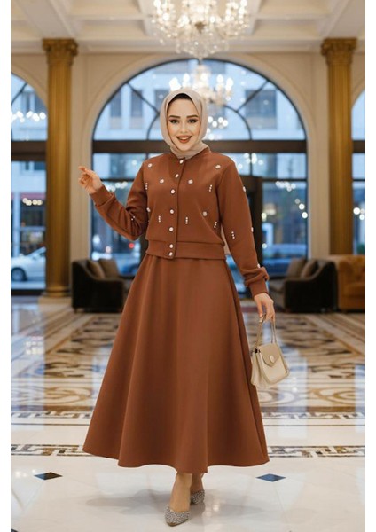 Boncuk Detaylı Taba Tesettür Etekli Ikili Takım 1277TB fırsatları