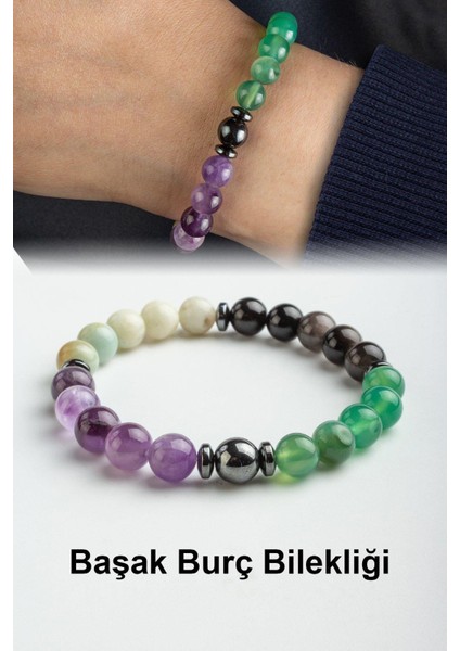Başak Burç Bilekliği Amazonit-Yeşil Akik-Ametist-Obsidyen Doğal Taş 8mm Bileklik