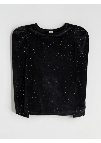 Bisiklet Yaka Taşlı Kadife Kız Çocuk Tişört (W5)