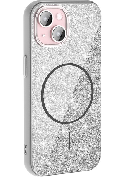 Apple iPhone 15 Plus Kılıf M-Safe Şarj Özellikli Parlayan Simli Zore Okso Kapak