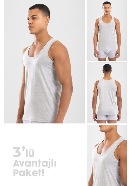 Erkek Pamuklu Klasik Regular Düz Atlet 3'lü Paket Gri Melanj