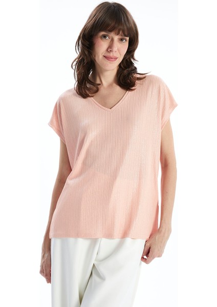 Yeni Sezon V Yaka Parlak Görünümlü Kadın Tişört