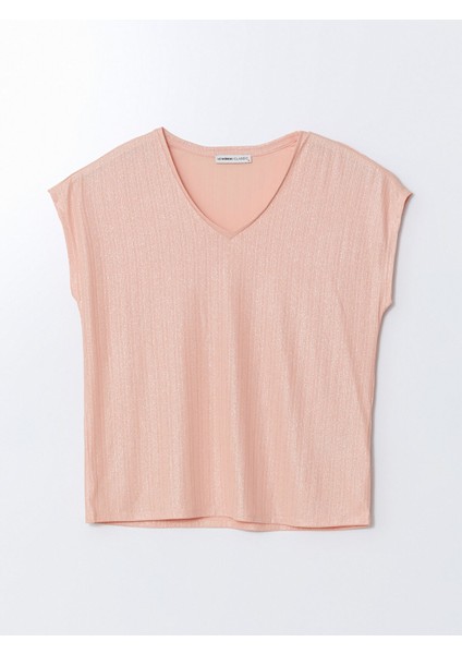 Yeni Sezon V Yaka Parlak Görünümlü Kadın Tişört indirimleri