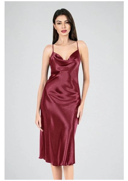 Ahu Kadın Ip Askılı Degaje Yaka Uzun Gecelik - Bordo