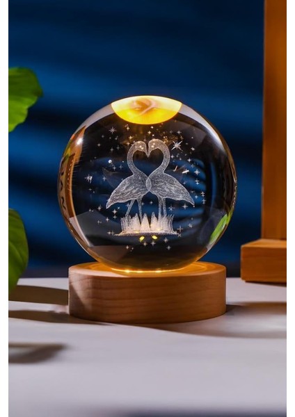 Ahşap Tabanlı Aşık Kuğular Figürlü LED Işıklı Küre