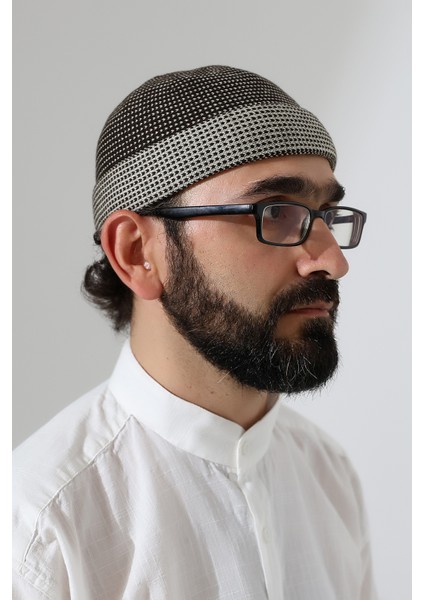 Erkek Kışlık Orlon Katlamalı Namaz Takkesi – Nokta Desenli - Kahverengi