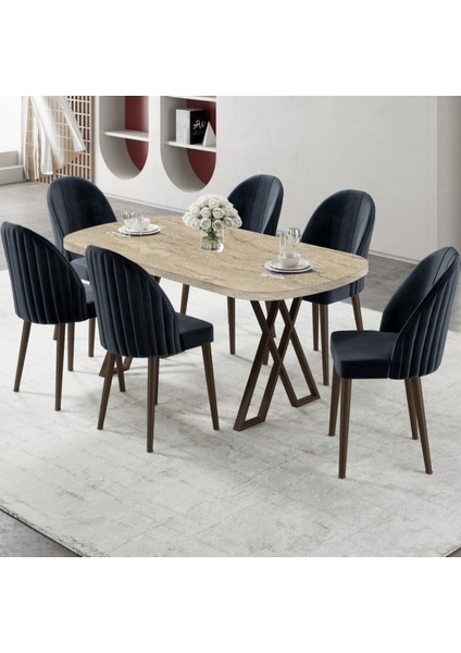 Kaye Serisi MDF 90X168 Traverten Mutfak Masası Takımı 6 Antrasit Sandalye