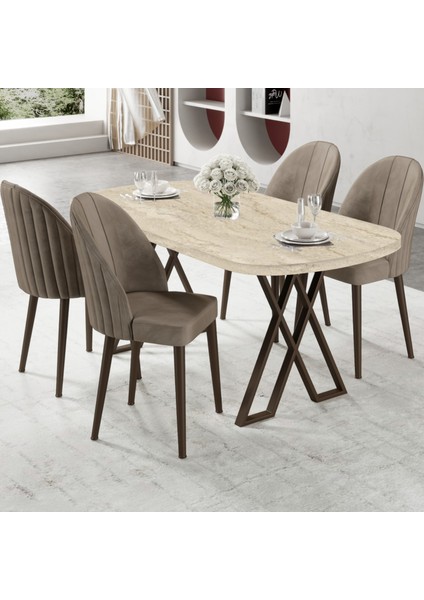 Kaye Serisi MDF 90X168 Traverten Mutfak Masa Takımı 4 Cappucino Sandalye