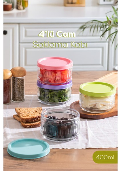 Lapis 4lü Hava Geçirmez Cam Kahvaltılık Seti Renkli Kapaklı Saklama Kabı 400ML