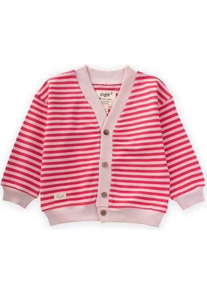 Çizgili Triko Hırka 0-4 Yaş Pudra Mercan