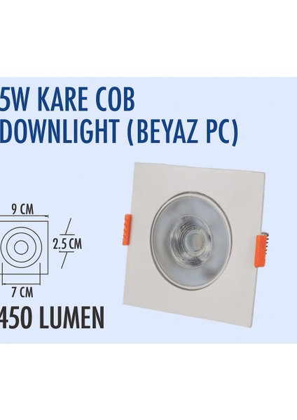 5W Pc, Beyaz Kare Kasa Mercekli Cob Downlıght 3000K