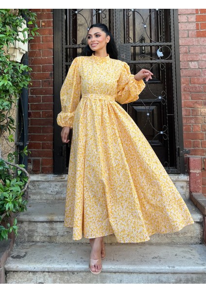 Tesettür Sarı Papatya Kloş Poplin Elbise