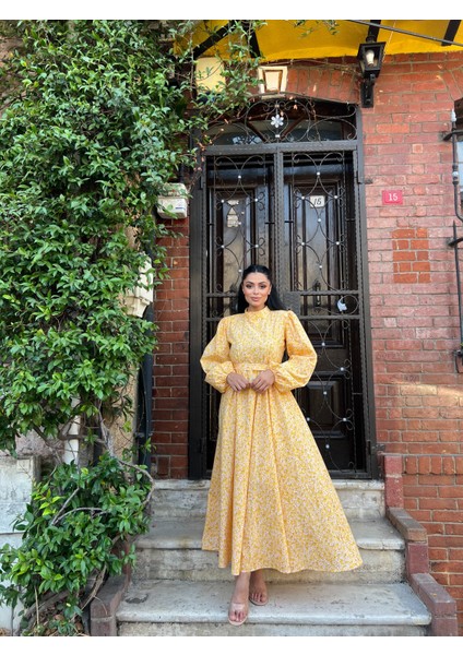 Tesettür Sarı Papatya Kloş Poplin Elbise fiyatları