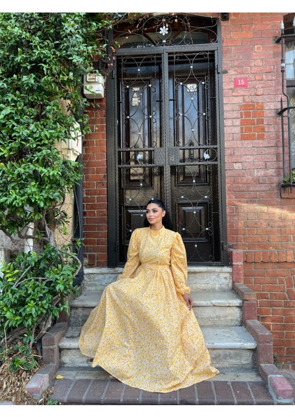 Tesettür Sarı Papatya Kloş Poplin Elbise modelleri