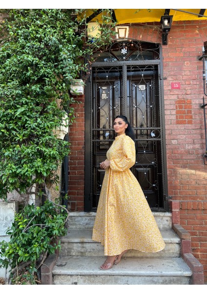 Tesettür Sarı Papatya Kloş Poplin Elbise fırsatları