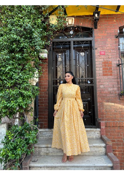 Tesettür Sarı Papatya Kloş Poplin Elbise indirimleri