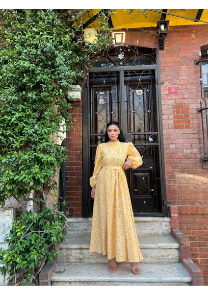 Tesettür Sarı Papatya Kloş Poplin Elbise