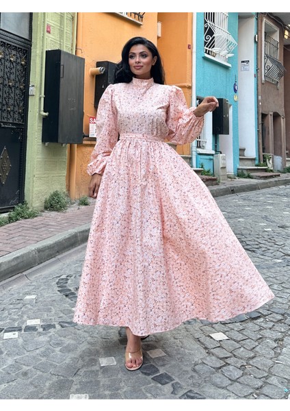 Tesettür Somon Papatya Kloş Poplin Elbise