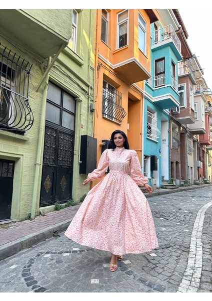 Tesettür Somon Papatya Kloş Poplin Elbise