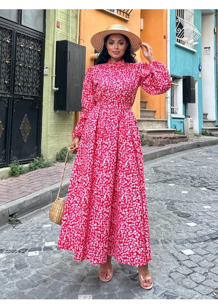 Tesettür Kırmızı Papatya Kloş Poplin Elbise