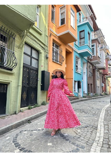 Tesettür Kırmızı Papatya Kloş Poplin Elbise fiyatları