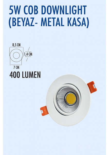 5W Metal, Beyaz Kasa Cob Downlıght 3000K