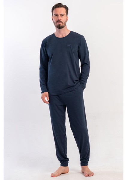 Erkek Lacivert Uzun Kollu Bisiklet Yaka Penye Pijama Takımı C7T5N0405