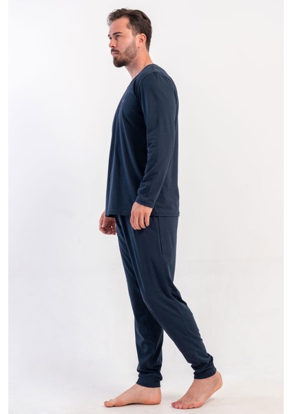 Erkek Lacivert Uzun Kollu Bisiklet Yaka Penye Pijama Takımı C7T5N0405 modelleri