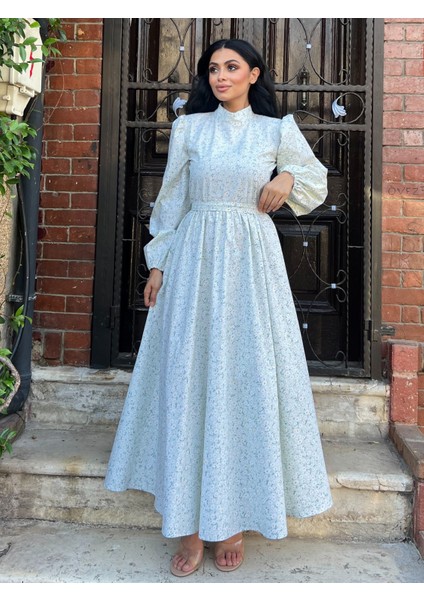 Tesettür Su Yeşili Papatya Kloş Poplin Elbise