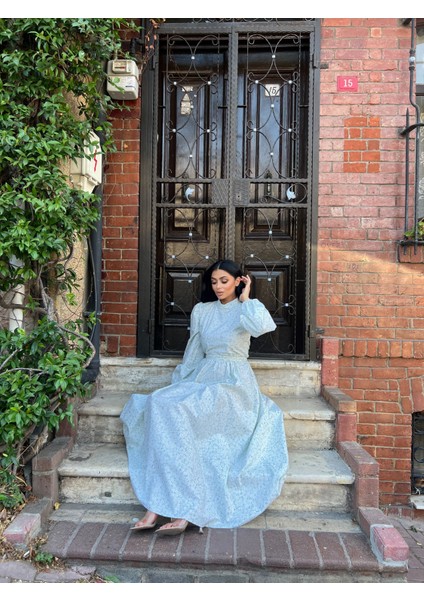 Tesettür Su Yeşili Papatya Kloş Poplin Elbise modelleri