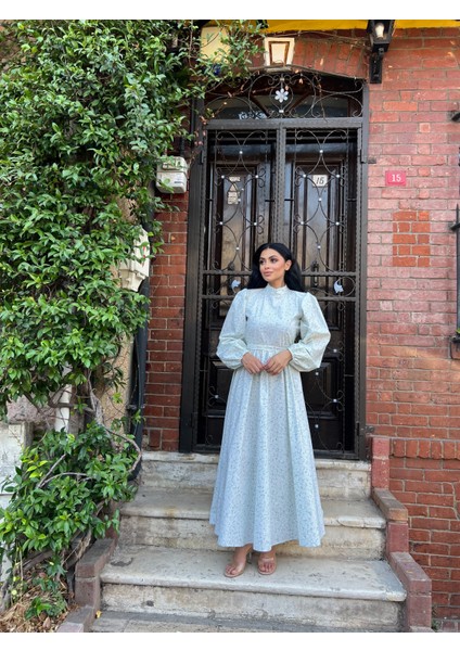 Tesettür Su Yeşili Papatya Kloş Poplin Elbise