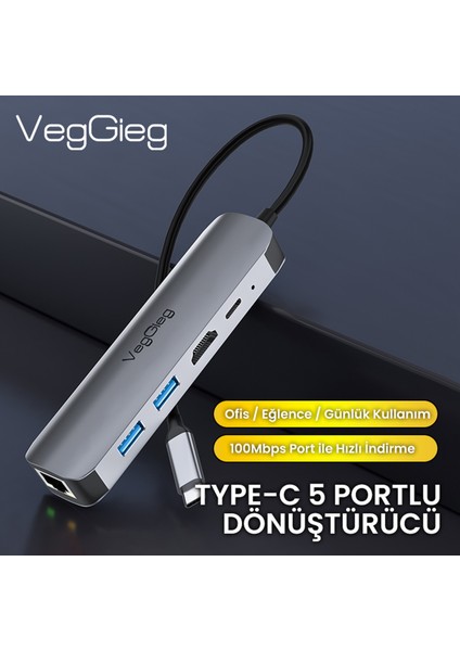 Type-C PD100W 5 Portlu 4K 30Hz HDMI 100MBPS Ethernet USB 2.0 + USB 3.0 Çoklayıcı Hub fiyatları