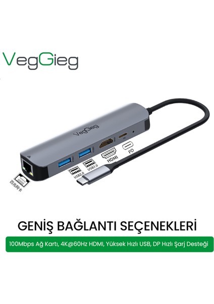 Type-C PD100W 5 Portlu 4K 30Hz HDMI 100MBPS Ethernet USB 2.0 + USB 3.0 Çoklayıcı Hub modelleri