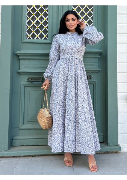 Tesettür Gri Papatya Kloş Poplin Elbise