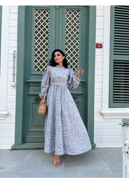 Tesettür Gri Papatya Kloş Poplin Elbise modelleri