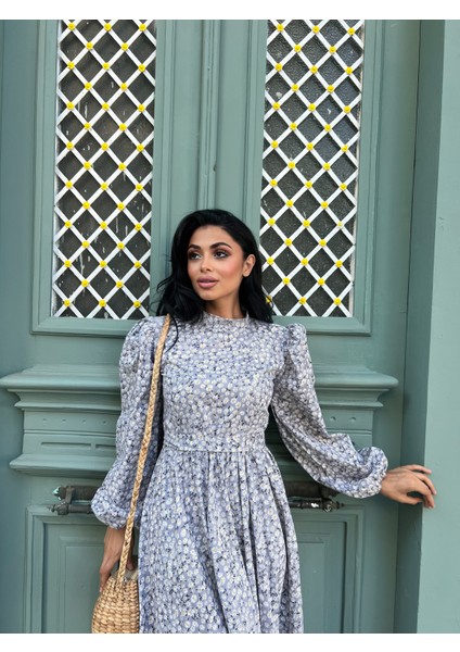 Tesettür Gri Papatya Kloş Poplin Elbise