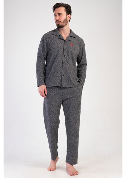 Erkek Siyah Renk Önden Düğmeli Uzun Kollu Gömlek Yaka Jakarlı Pijama Takımı C8T0N0105