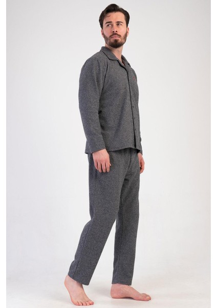 Erkek Siyah Renk Önden Düğmeli Uzun Kollu Gömlek Yaka Jakarlı Pijama Takımı C8T0N0105 fiyatları