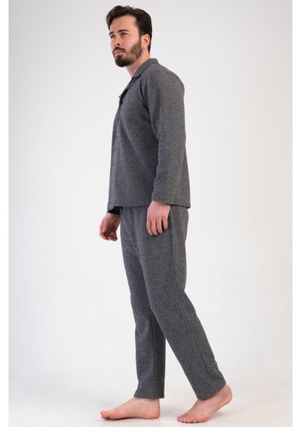 Erkek Siyah Renk Önden Düğmeli Uzun Kollu Gömlek Yaka Jakarlı Pijama Takımı C8T0N0105 modelleri