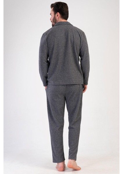 Erkek Siyah Renk Önden Düğmeli Uzun Kollu Gömlek Yaka Jakarlı Pijama Takımı C8T0N0105 fırsatları