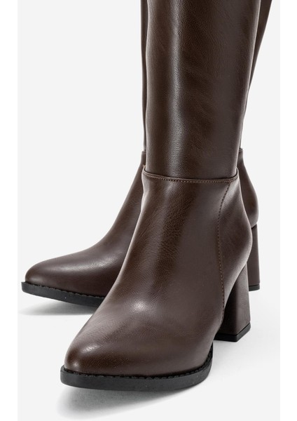 Sade Sivri Burunlu Topuklu Kadın Çizme Kahve Cilt modelleri