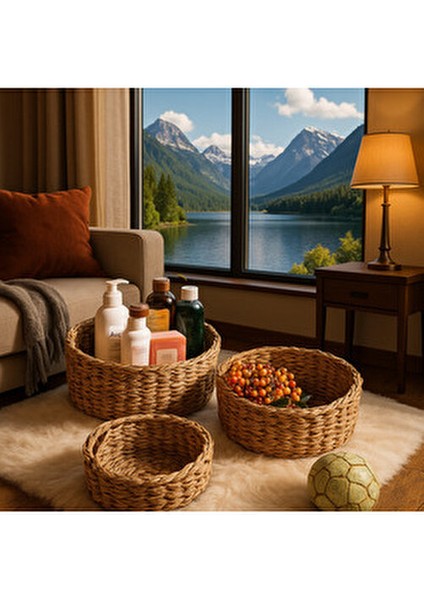 Yuvarlak 3'lü Doğal Hasır Sepet Takımı El İşçiliği ile Üretilmiş 30 cm 25 cm 20 cm modelleri