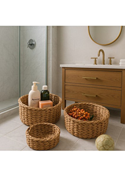 Yuvarlak 3'lü Doğal Hasır Sepet Takımı El İşçiliği ile Üretilmiş 30 cm 25 cm 20 cm fırsatları