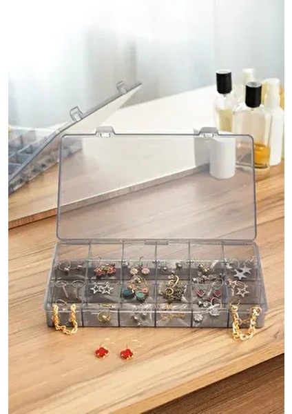 18 Bölmeli Siyah Takı Organizer Kutusu Dikiş Kutusu 25x15x3 cm Şeffaf Plastik indirimleri