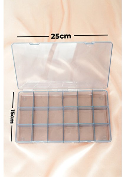 18 Bölmeli Siyah Takı Organizer Kutusu Dikiş Kutusu 25x15x3 cm Şeffaf Plastik